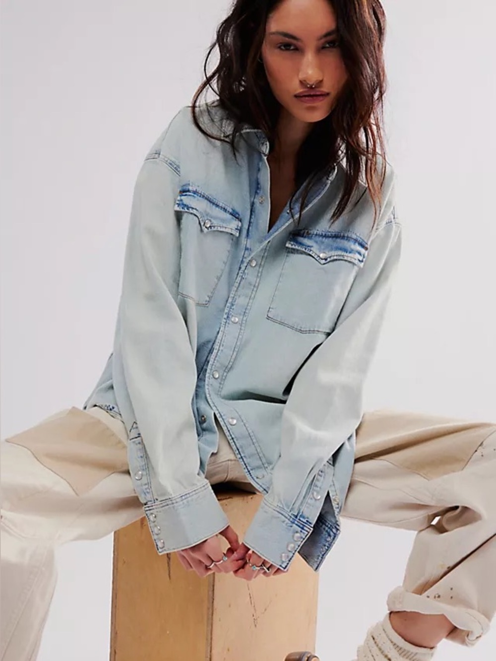 Re/Done Oversized Denim Shirt in Sunfaded Blue M NWT $350